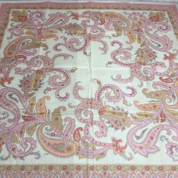 Yves Saint Laurent Pink and Cream Paisley Handkerchief Scarf 18x18in - Picture 3 of 9